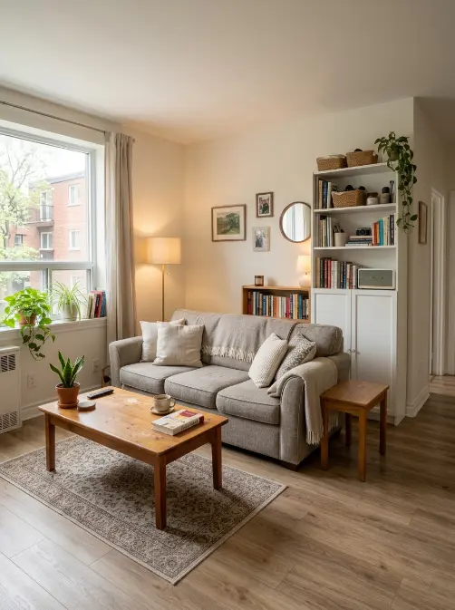 Small apartment living room with compact furniture, warm lighting and vertical storage