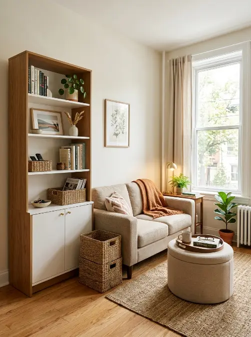 Small apartment living room with tall storage shelving, closed cabinets, a storage ottoman, warm wood accents, and a clear walking path.