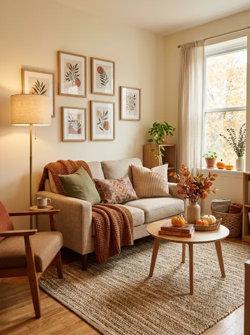 Cozy small apartment living room decorated for fall with warm textiles, autumn branches, wood accents, and restrained seasonal decor.