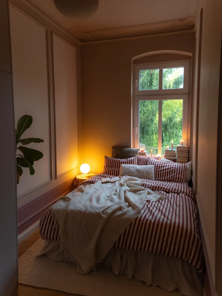 Cozy small bedroom with neutral bedding, warm bedside lighting, soft curtains, and simple decor.