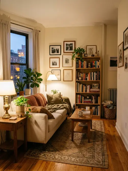 Cozy small apartment with warm lighting, a textured rug, neutral sofa, wood furniture, books, plants, and personal wall art.
