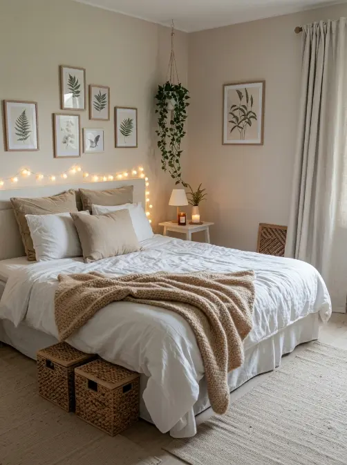 Cozy small apartment bedroom with neutral bedding, a compact bedside table, warm lighting, and simple wall decor.