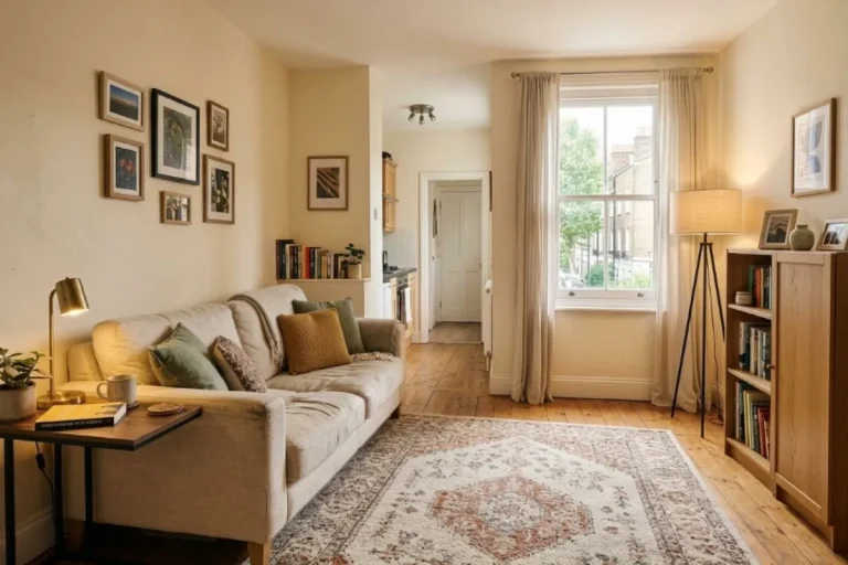 Small apartment decorating ideas with a sofa, area rug, tall storage cabinet, lamps and a clear walkway.