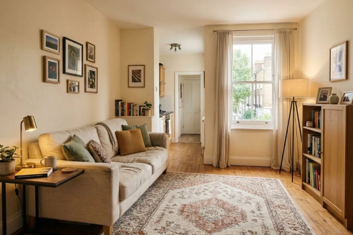 Small apartment decorating ideas with a sofa, area rug, tall storage cabinet, lamps and a clear walkway.