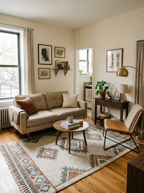 Compact apartment living room with a sofa, large rug, slim storage console, layered lamps, artwork, and a clear walkway.