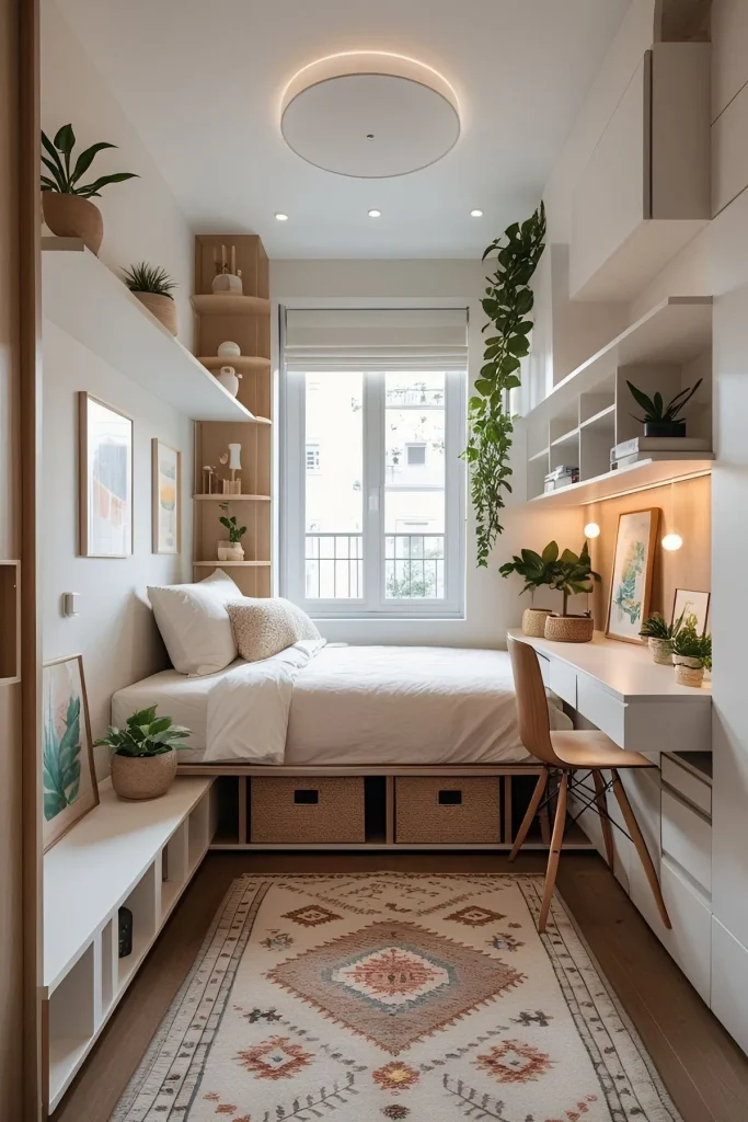 Small bedroom layout with a bed, compact desk, vertical storage, and a window in a narrow space.