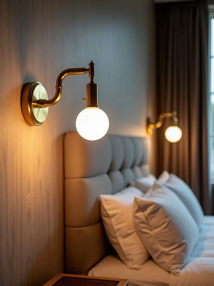 Small bedroom bedside area with wall-mounted sconces that free space on the nightstands.