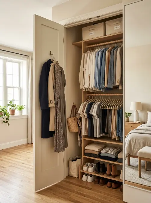 Small apartment reach-in closet neatly organized with hanging clothes, folded sweaters, storage boxes, shoes, and accessories.