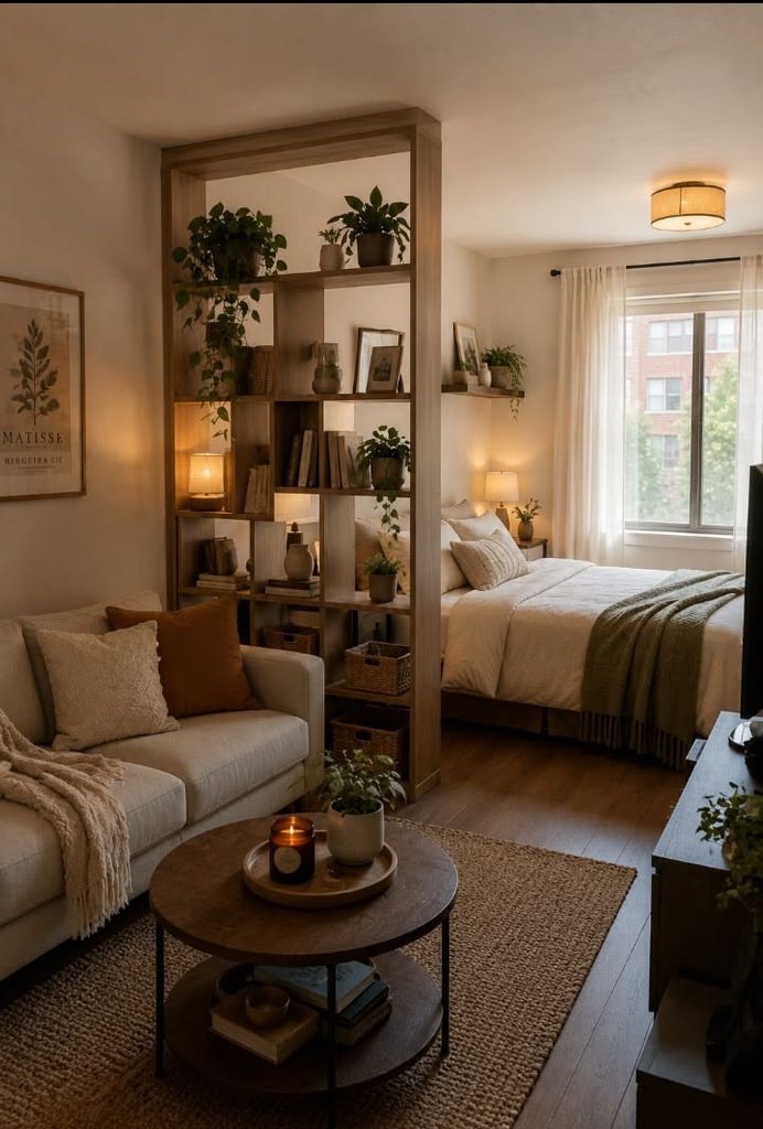 Use a Bookcase as a Room Divider in studio apartment design