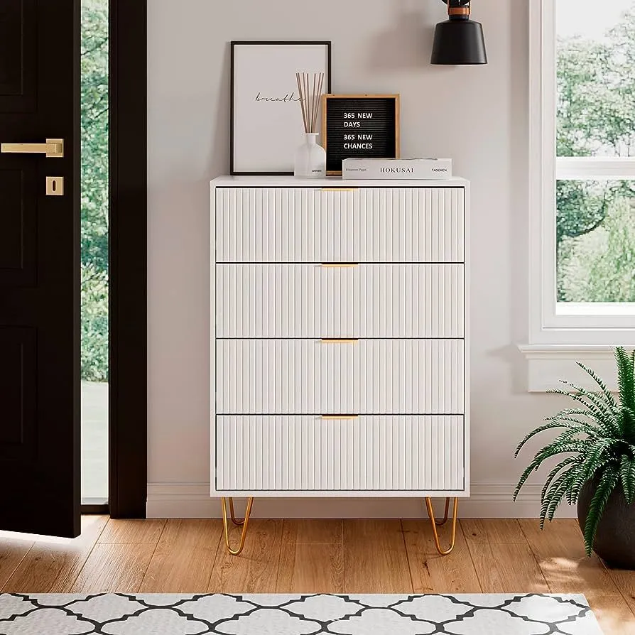 Tall narrow dresser providing vertical clothing storage in a compact bedroom.