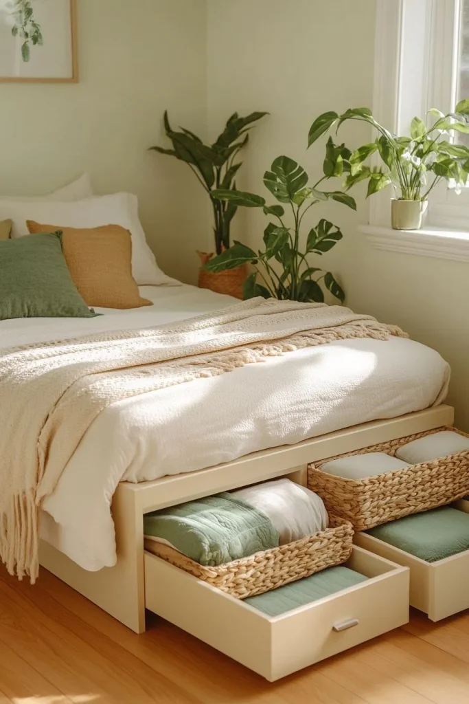 Small bedroom with organized storage baskets tucked neatly underneath the bed.