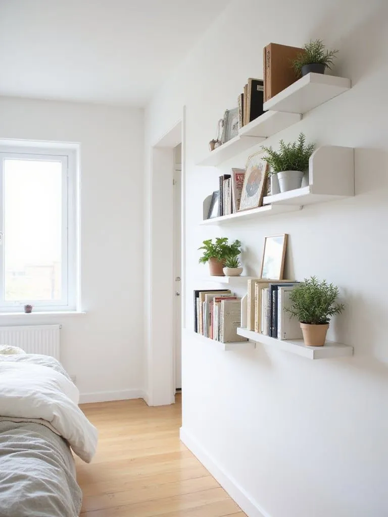 Small bedroom with wall-mounted shelves displaying books and plants above a compact floor area.