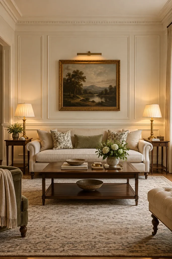 Classic living room with wall molding, wainscoting, panel details, and timeless architecture