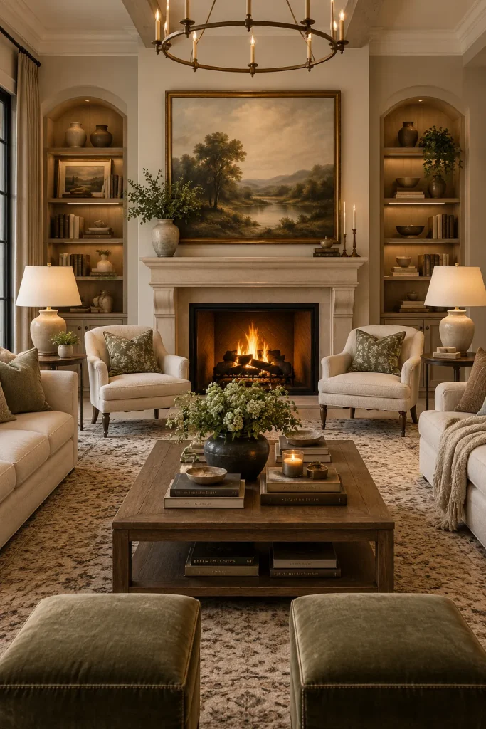 Balanced timeless living room design with a centered fireplace, large artwork, matching accent chairs, table lamps, and symmetrical classic interior styling