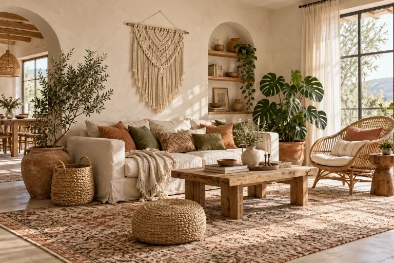 Warm boho living room with cream sofa, rattan furniture, vintage rug, and indoor plants.