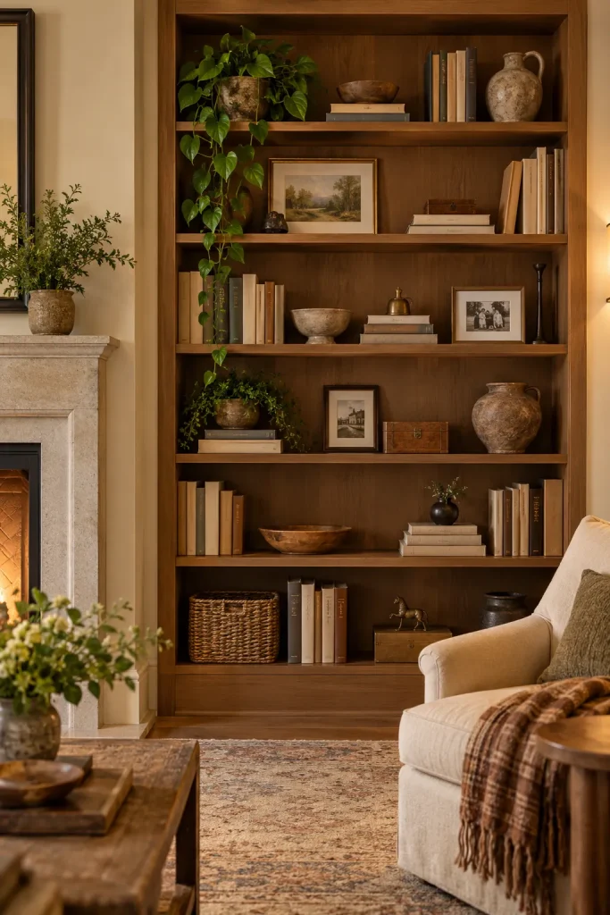 Bookshelf styling in timeless living room with books, ceramics, plants, and meaningful objects
