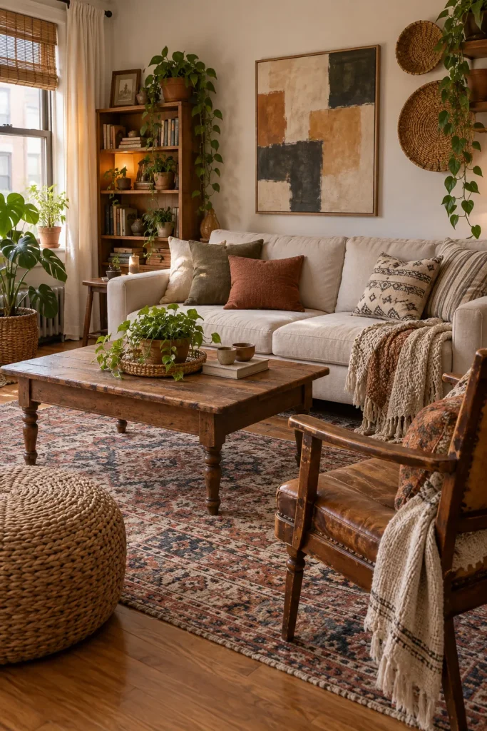 Budget-friendly boho living room with thrifted furniture, DIY art, plants, and woven decor