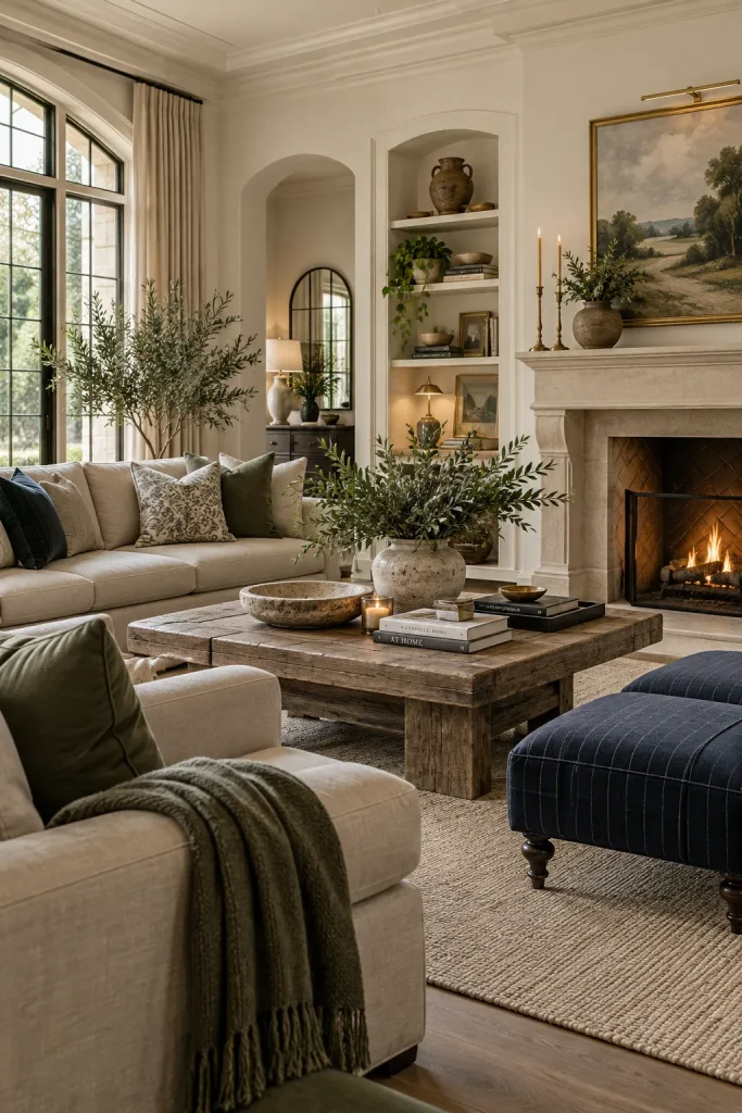 Timeless living room with warm white walls, soft greige sofa, muted green accents, deep navy details, and elegant neutral decor creating a calm cohesive color palette