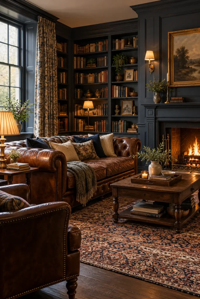 Modern classic living room combining traditional details, linen sofa, oak table, and vintage accents