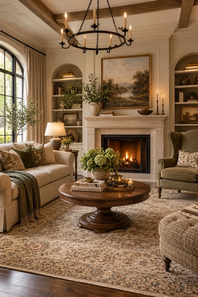 Classic timeless living room featuring a rolled arm sofa, wingback chair, round wooden coffee table, and balanced furniture arrangement with traditional elegant styling