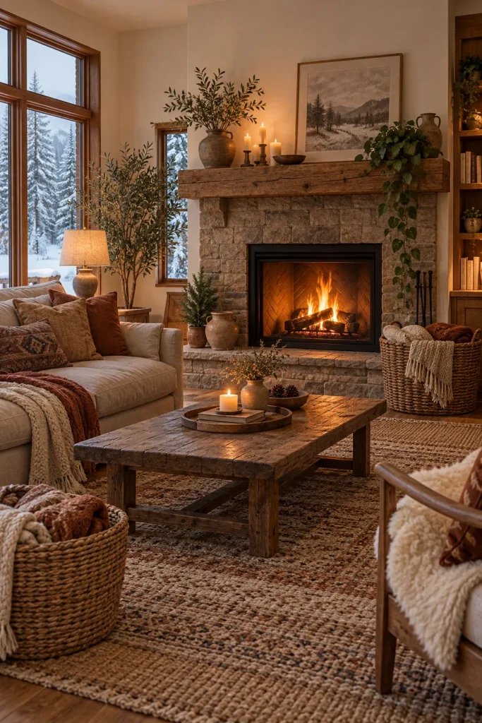 Modern boho living room mixing contemporary sofa with vintage furniture and traditional rug