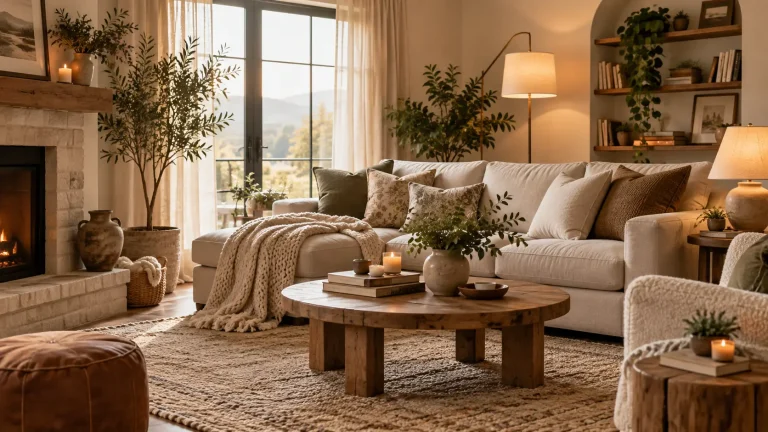 Cozy living room with a beige sofa, warm lighting, layered textures, wooden coffee table, indoor plants, and fireplace creating a comfortable inviting home atmosphere