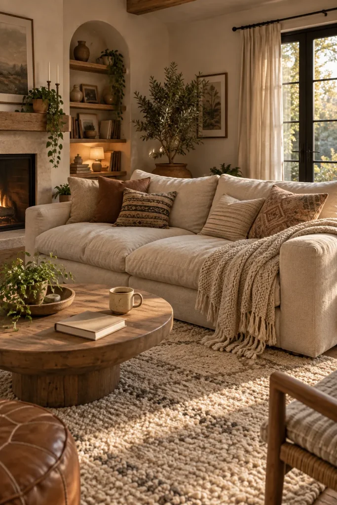 Cozy boho seating area with deep linen sofa, textured pillows, and soft rug