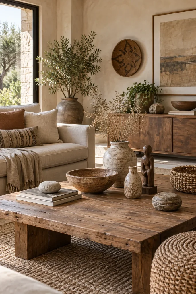 Airy boho living room with linen curtains, bamboo shades, and soft natural fabrics