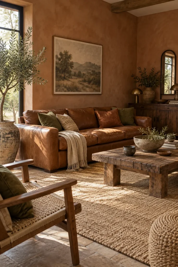 Earthy boho living room with brown leather sofa, clay walls, and olive-green accents