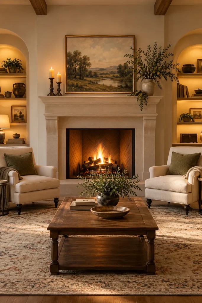 Cozy living room with fireplace focal point, artwork, candles, and classic furniture arrangement