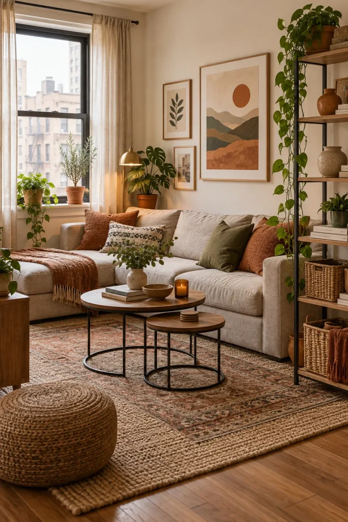 Renter-friendly boho apartment living room with flexible furniture, plants, and woven storage