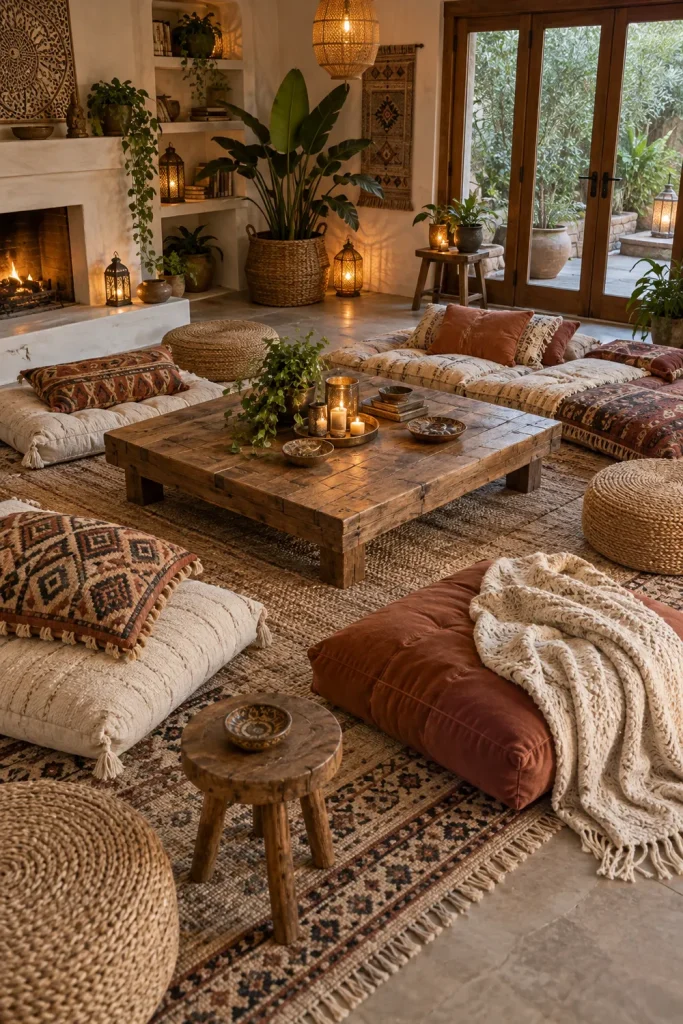 Neutral boho living room with large macrame wall hanging and handmade woven decor