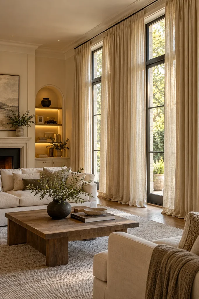Elegant living room with floor-to-ceiling linen curtains, large windows, and neutral furniture