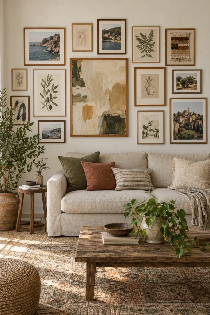 Boho gallery wall above a neutral sofa with botanical prints and abstract artwork