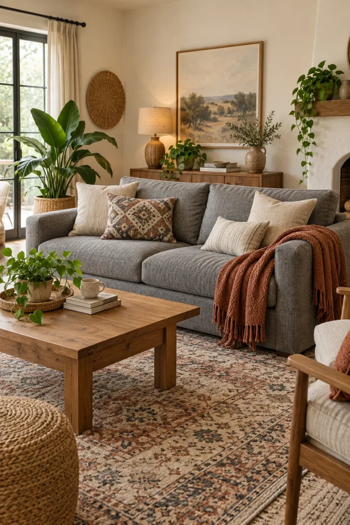 Grey couch styled with terracotta throw, beige cushions, plants, and patterned rug