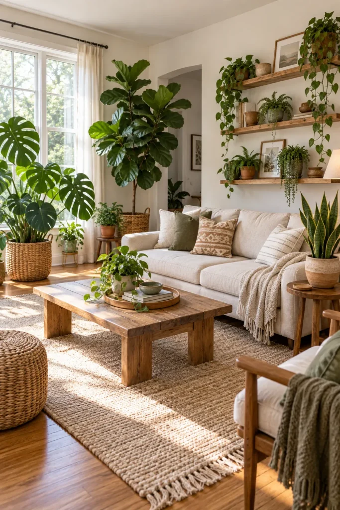 Plant-filled boho living room with monstera, fiddle leaf fig, and terracotta planters