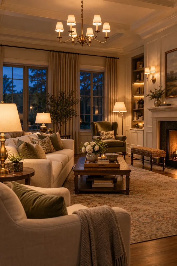 Timeless living room with chandelier, table lamps, floor lamp, wall sconces, and warm lighting