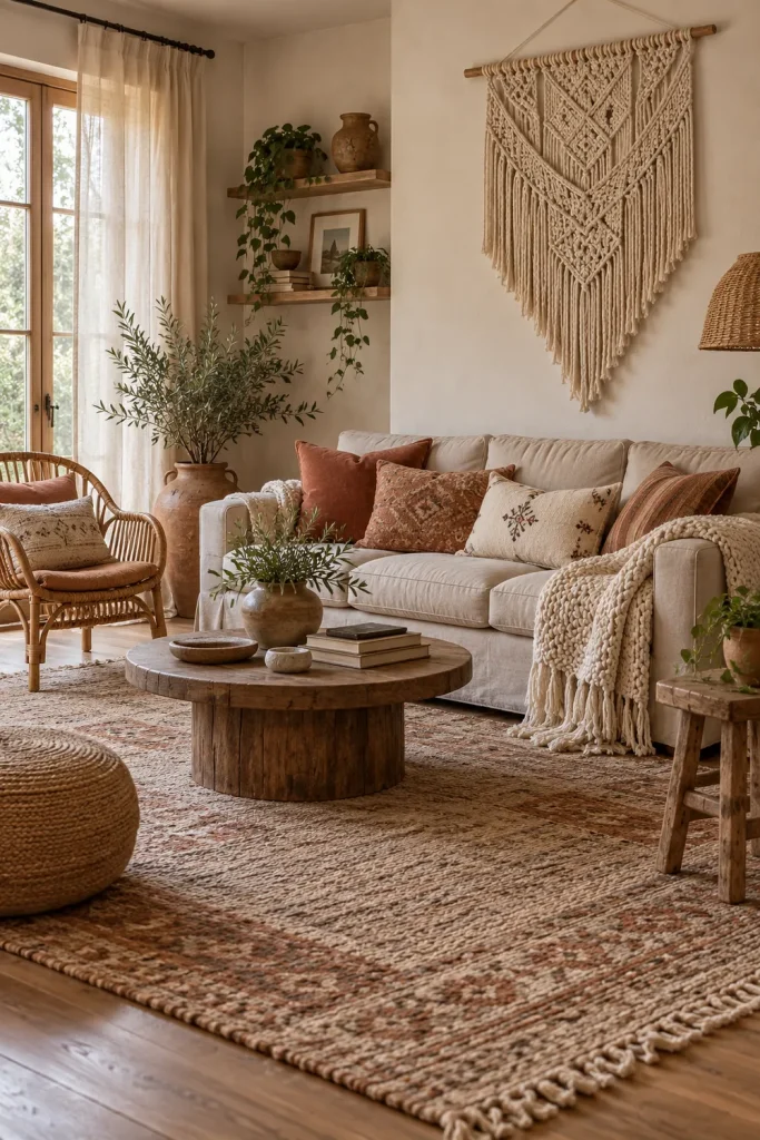Layered boho living room with knitted throws, velvet cushions, macrame, and woven textures