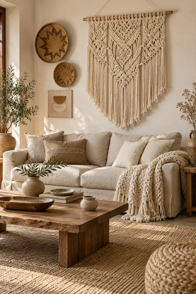 Boho gallery wall above a neutral sofa with botanical prints and abstract artwork