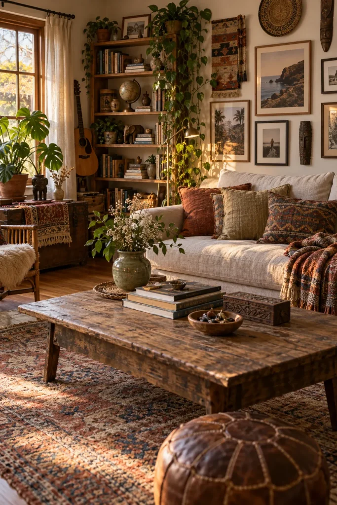 Personalized boho living room with travel keepsakes, books, family photos, and handmade decor
