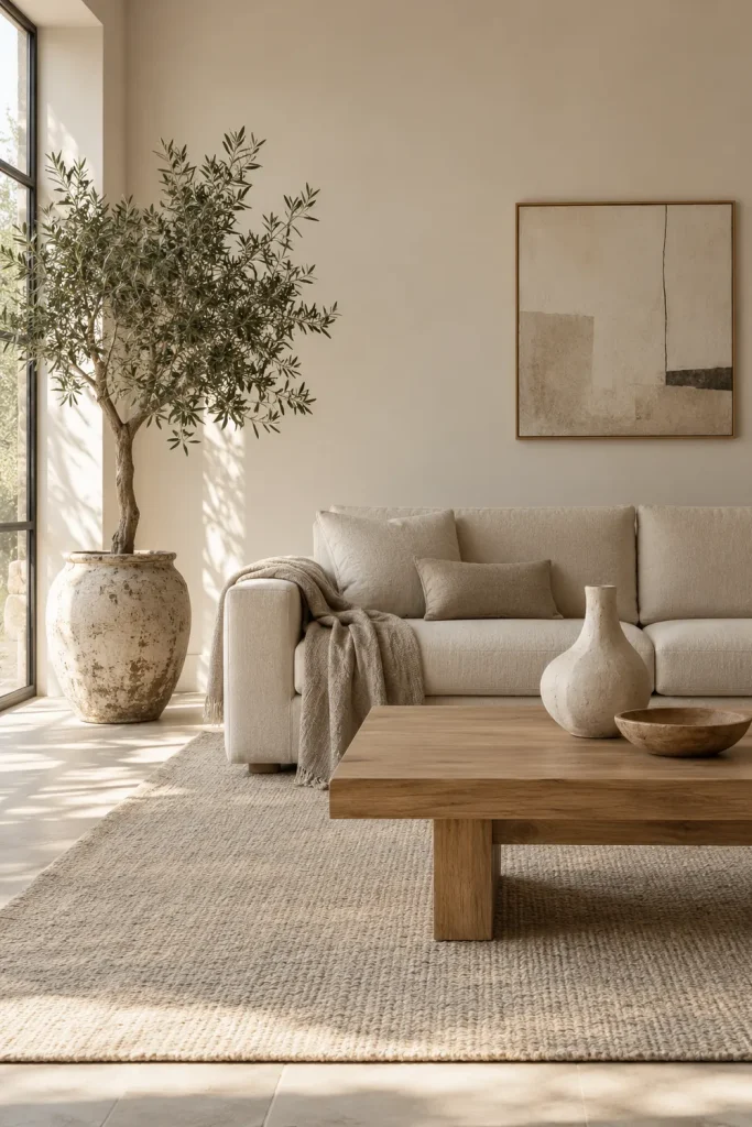 Relaxed boho living room with floor cushions, woven poufs, and low wooden table