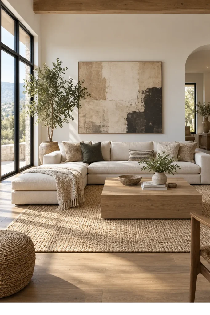 Modern boho living room with neutral sectional, clean lines, plants, and abstract art