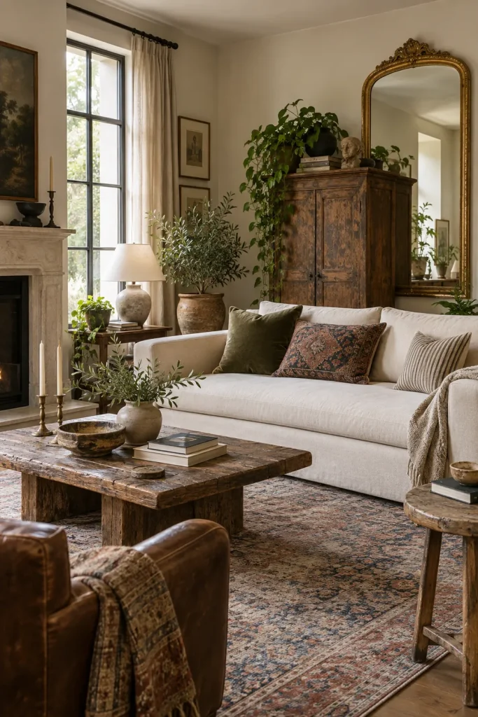 Minimalist boho living room with beige sofa, oak table, and large olive tree