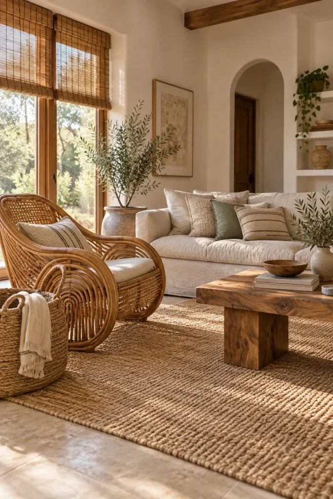 Organic boho living room featuring rattan chair, jute rug, and natural wood decor