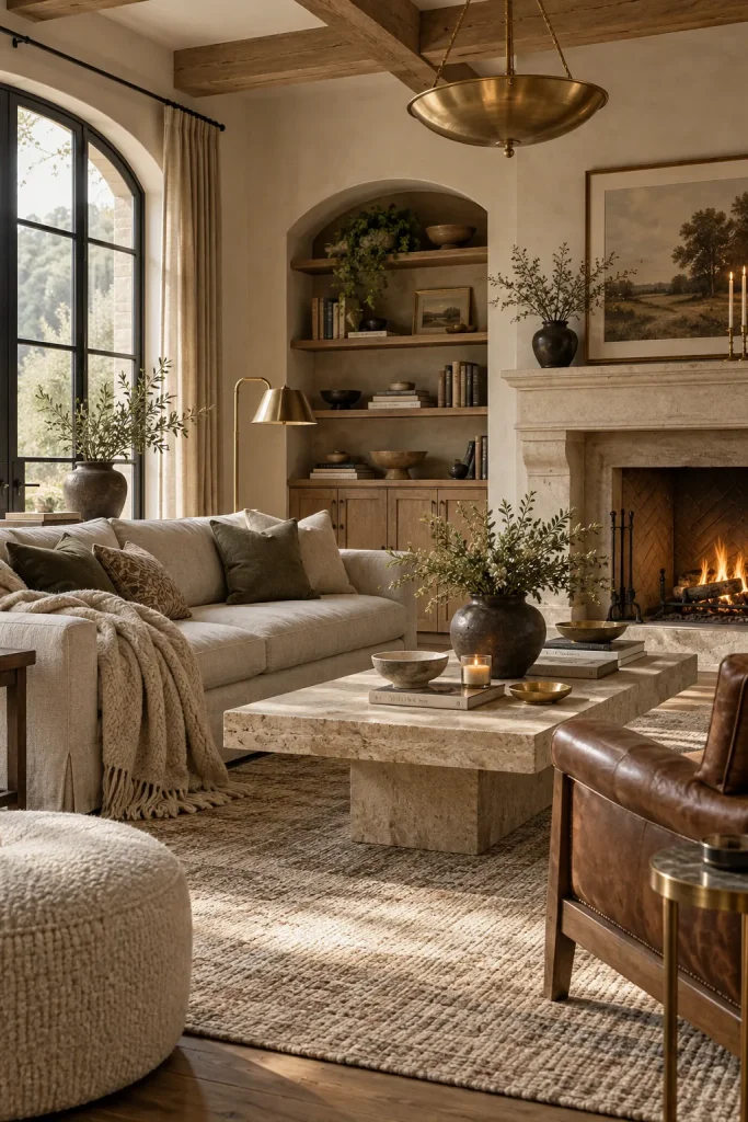 Luxury timeless living room with oak wood furniture, linen sofa, leather chair, wool blanket, stone coffee table, and natural materials in warm neutral tones