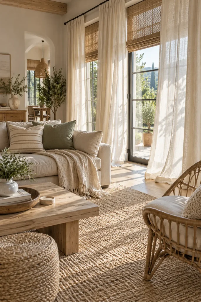 Cozy boho fireplace living room with linen sofa, candles, plants, and woven baskets