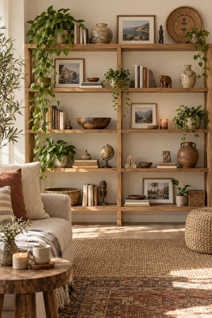 Boho open shelving displaying books, plants, handmade ceramics, and personal collections