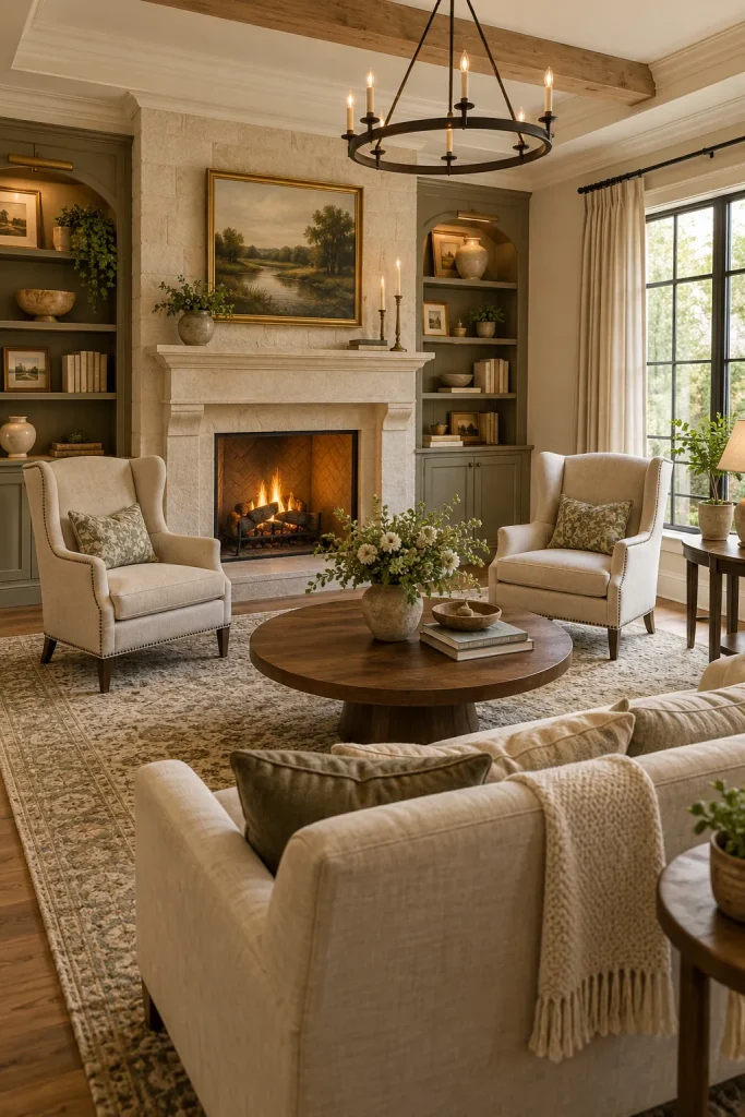 Timeless living room with matching accent chairs, balanced seating, and classic conversation area