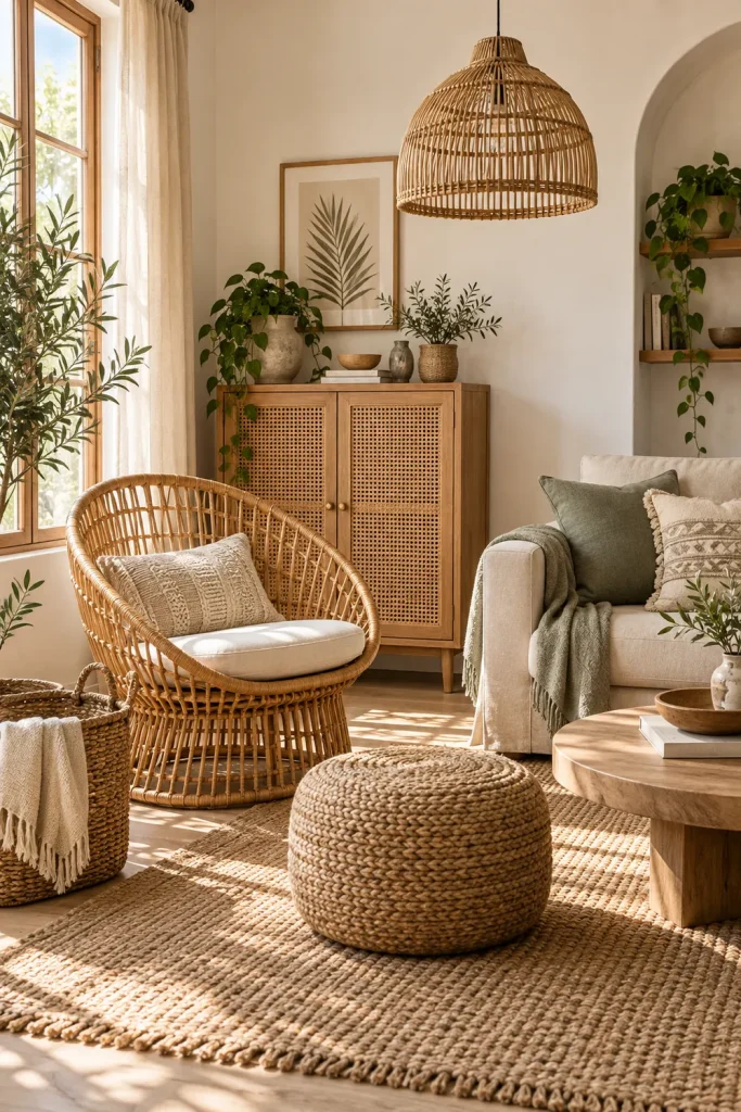 Boho living room with rattan chair, cane cabinet, woven ottoman, and bamboo lighting