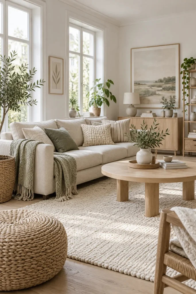 Scandinavian boho living room with light sofa, pale wood furniture, and woven accents